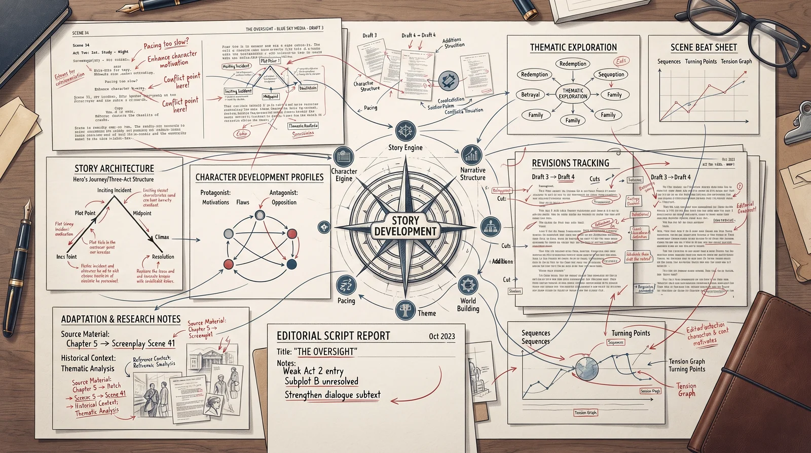 A desk spread of story-development materials, including a story-architecture diagram, character development profiles, revisions tracking notes, and an editorial script report.