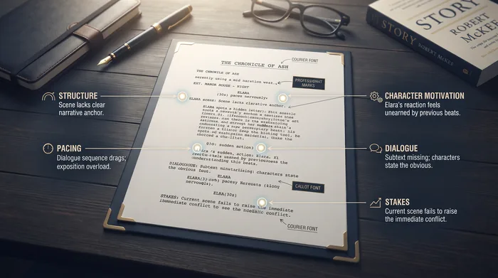 An annotated screenplay page titled 'The Chronicle of Ash' with editor callouts marking structure, pacing, character motivation, dialogue, and stakes problems.