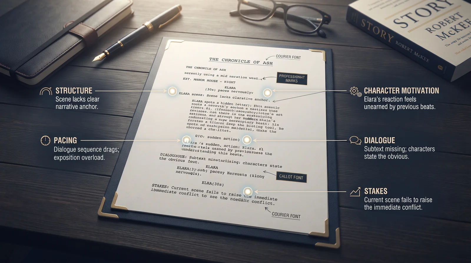 An annotated screenplay page titled 'The Chronicle of Ash' with editor callouts marking structure, pacing, character motivation, dialogue, and stakes problems.