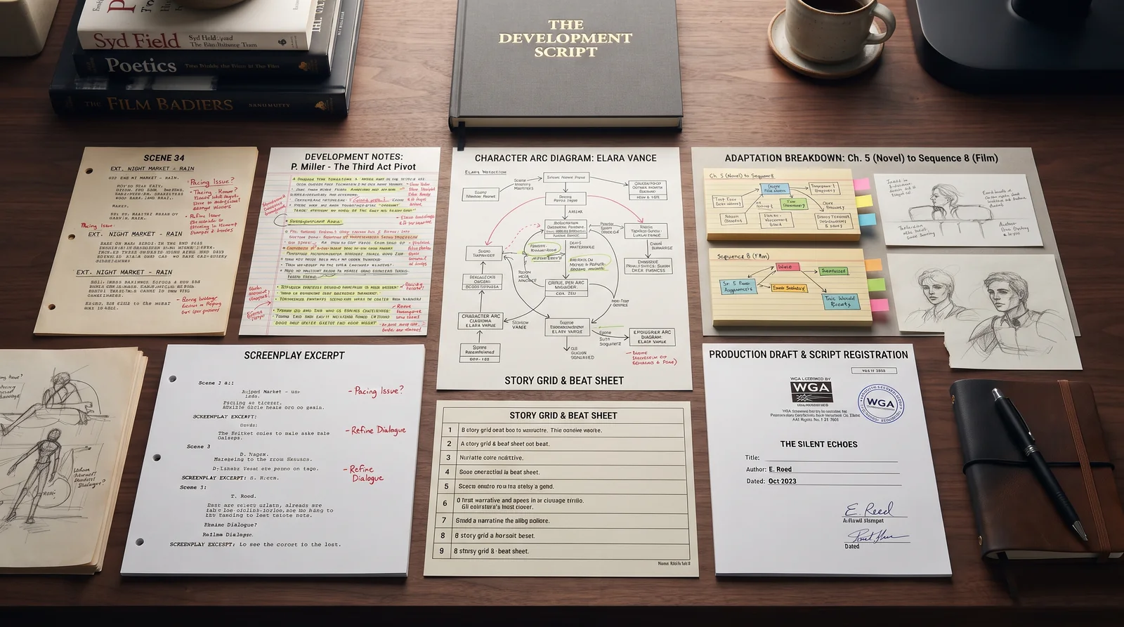 A desk spread of screenplay development materials, including scene notes, a character arc diagram, an adaptation breakdown chart, and a script registration document.