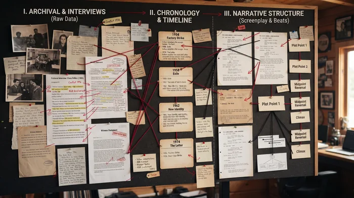 A research desk with a documentary outline titled 'The Silent Tide,' interview notes, archival photographs, and a timeline card.