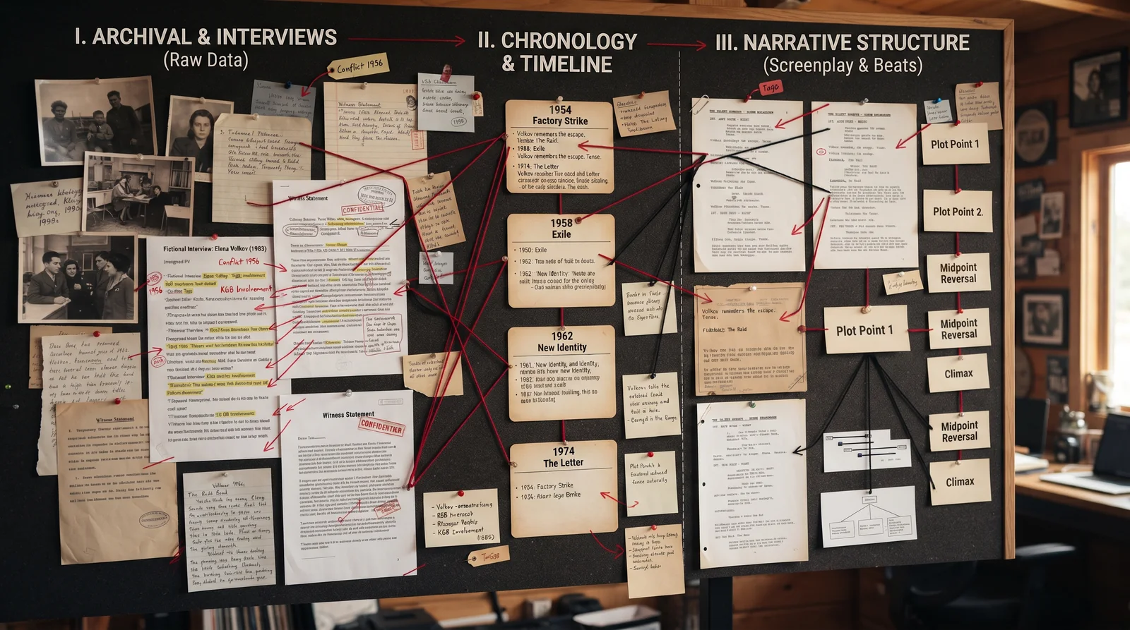 A research desk with a documentary outline titled 'The Silent Tide,' interview notes, archival photographs, and a timeline card.