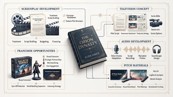 An infographic titled 'The Orion Dynasty' showing a novel's development pathways into screenplay, television, audio, and franchise formats.