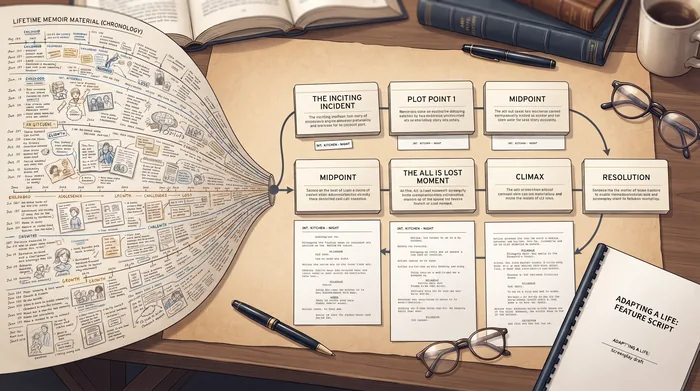 Editorial illustration showing a memoir being condensed into a feature screenplay