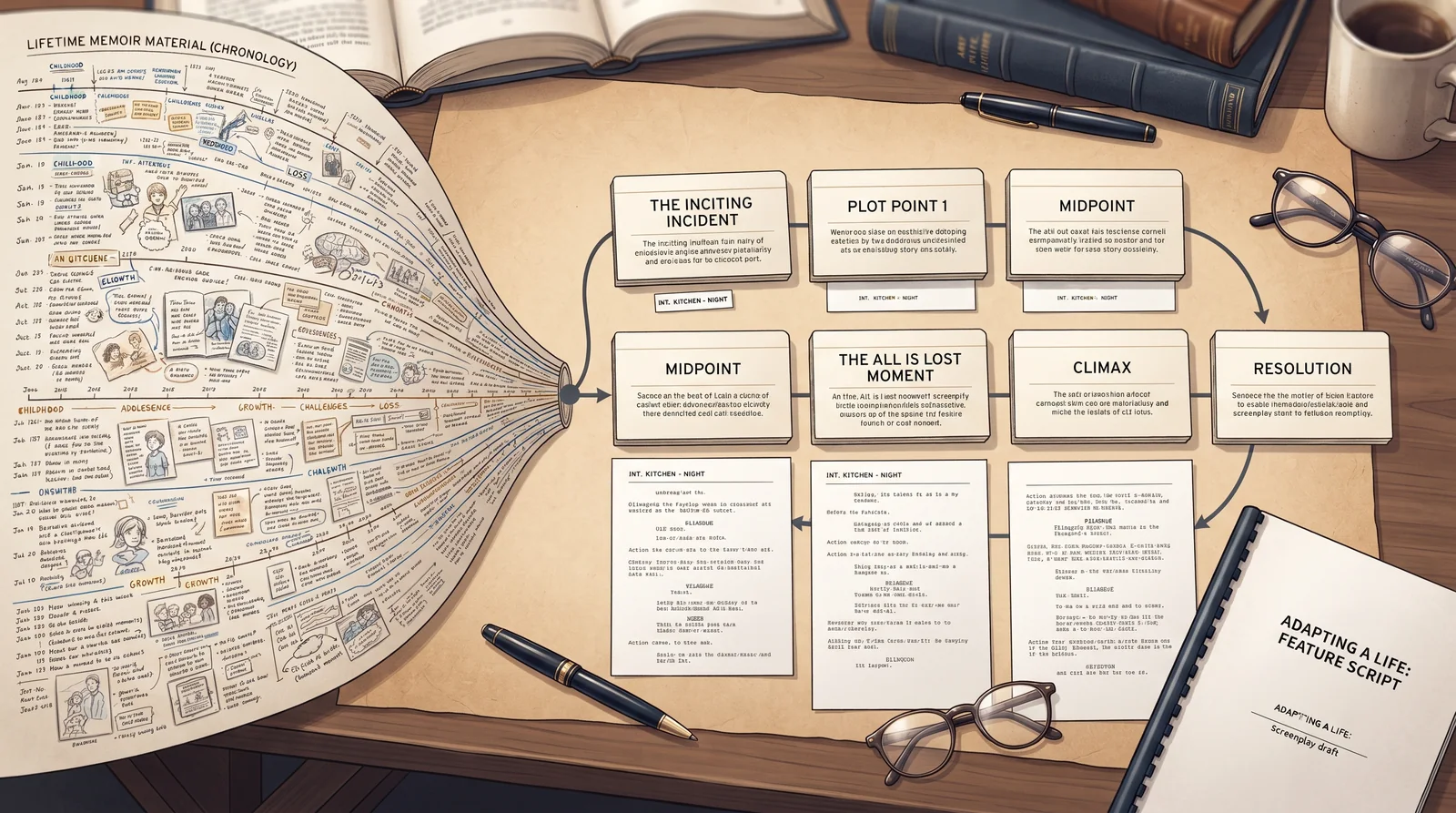 Editorial illustration showing a memoir being condensed into a feature screenplay
