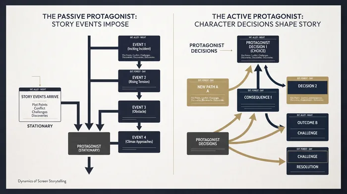 Editorial diagram comparing passive and active protagonists in screenwriting