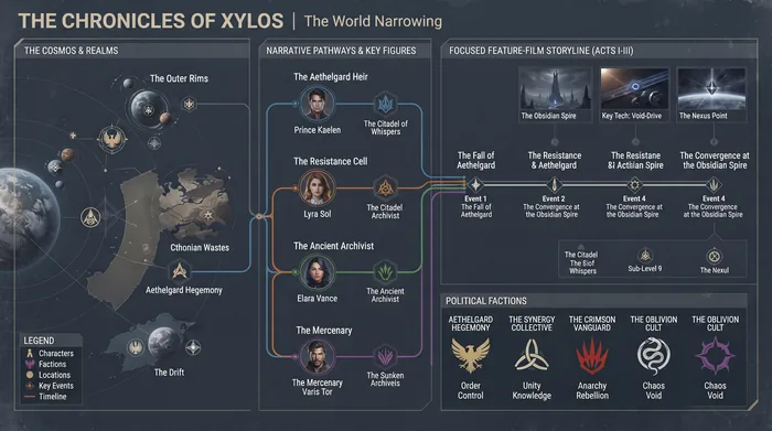 Narrative world-building map for adapting a complex science-fiction or fantasy story