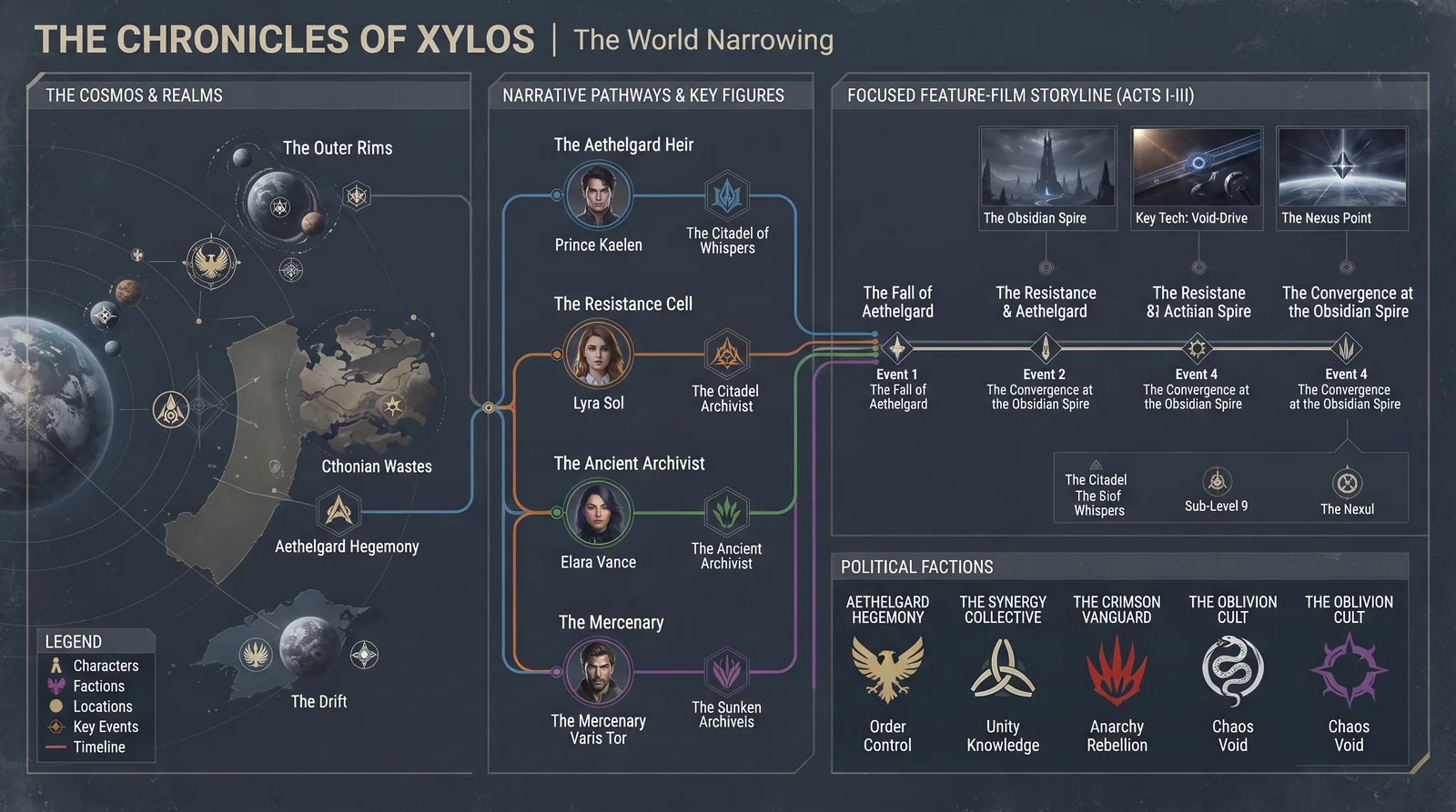 Narrative world-building map for adapting a complex science-fiction or fantasy story