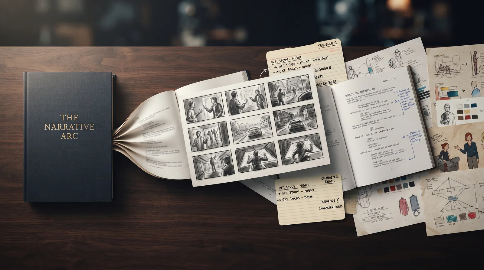 A hardcover book titled 'The Narrative Arc' beside storyboard sketches, script pages, and structure notes laid out on a desk.
