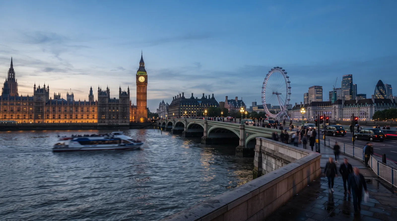 London skyline at dusk with the Houses of Parliament, Big Ben, and the London Eye along the River Thames.