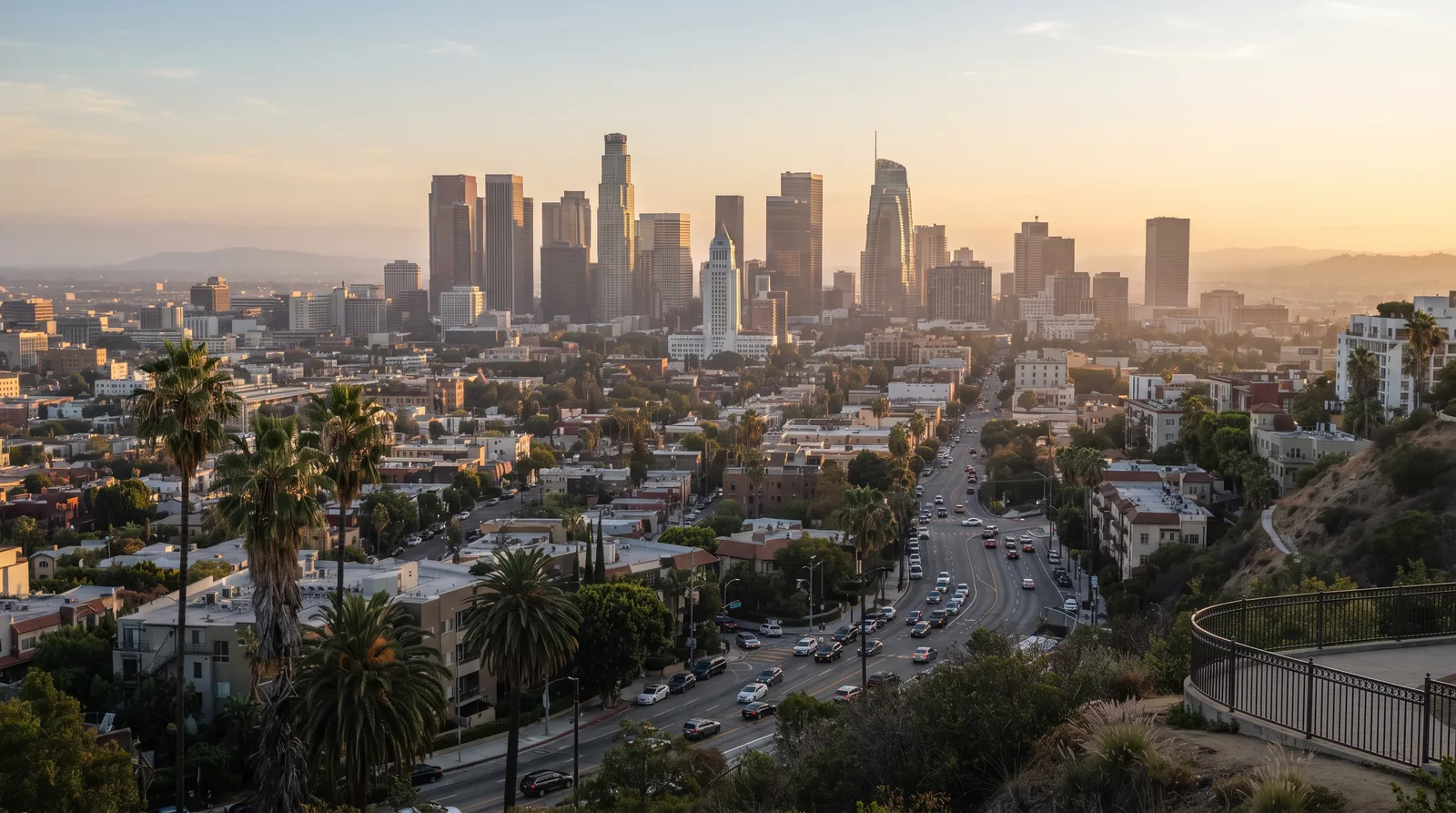 Los Angeles downtown skyline at dusk, seen from the hills with palm trees in the foreground.