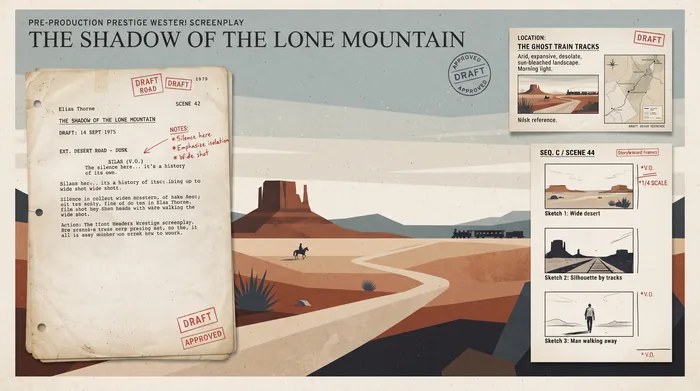 A pre-production western screenplay titled 'The Shadow of the Lone Mountain' with a marked-up script page.