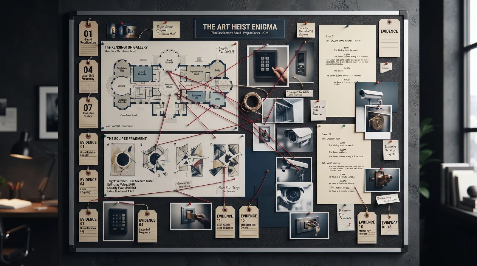 A film-development board for 'The Art Heist Enigma' showing a gallery floor plan, evidence tags, security-camera photos, and script pages annotated with laser-timing notes.