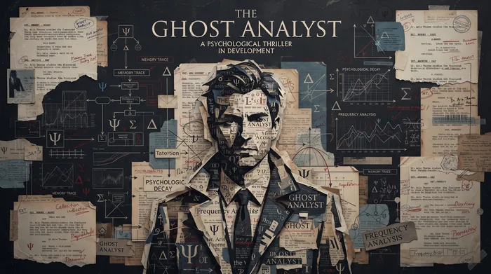 A collaged portrait of a man in a suit built from psychological-thriller development notes, titled 'The Ghost Analyst.'