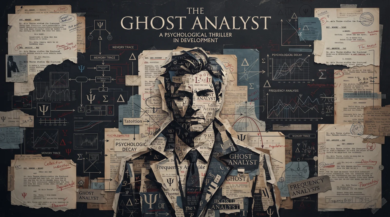 A collaged portrait of a man in a suit built from psychological-thriller development notes and diagrams, titled 'The Ghost Analyst.'