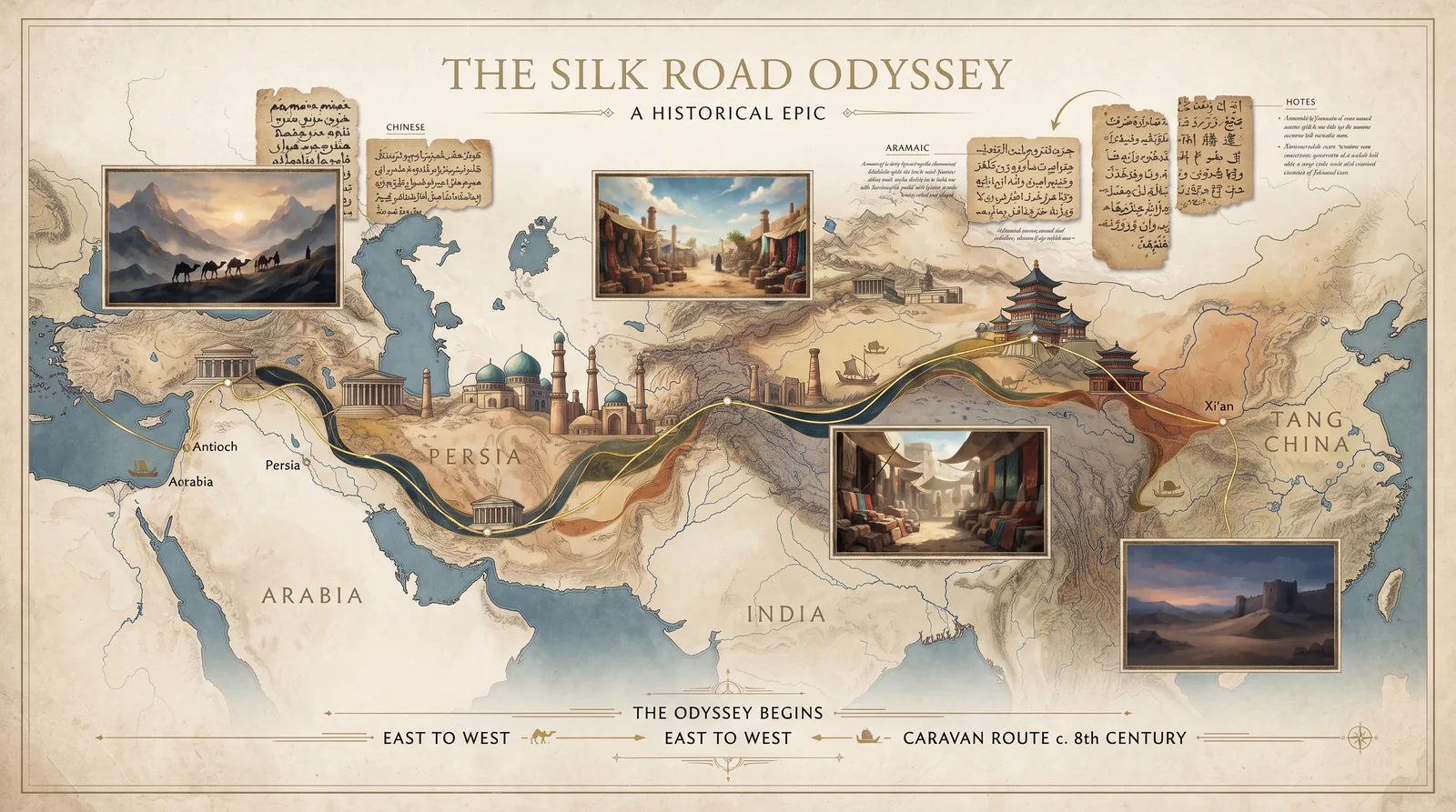 An illustrated map titled 'The Silk Road Odyssey' tracing a caravan route from Xi'an through Persia and Arabia to Antioch, with period paintings of the journey.