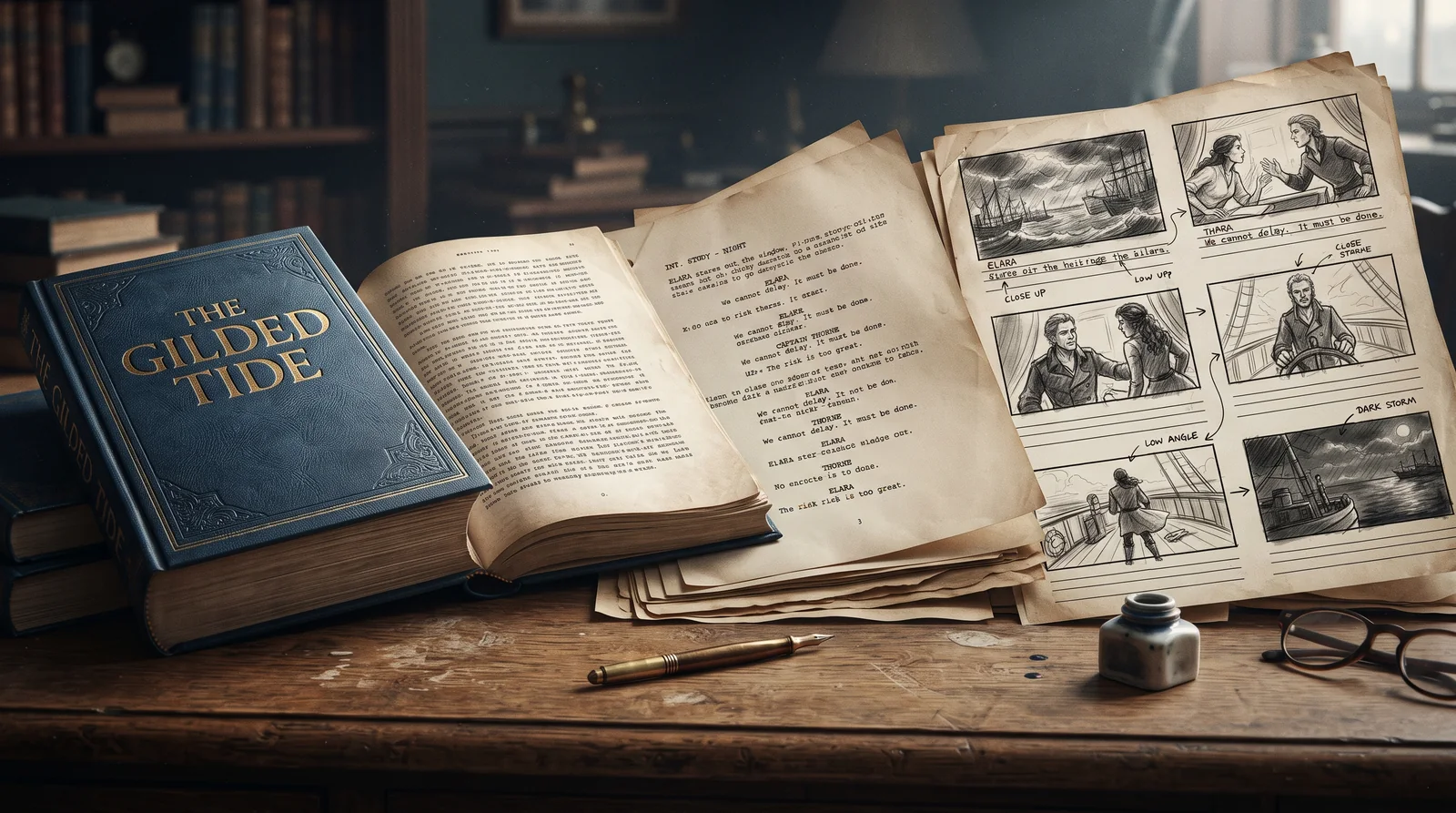 A hardcover novel titled 'The Gilded Tide' beside a typed screenplay page and pencil storyboard sketches of a ship on stormy water.