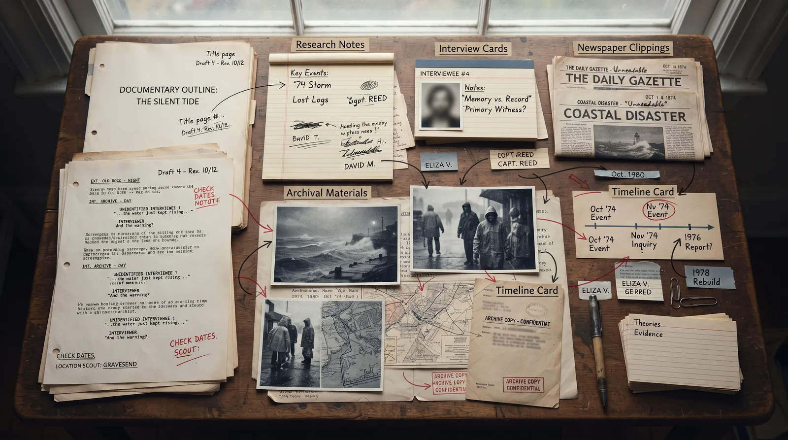 A desk spread of documentary research notes, a project outline titled 'The Silent Tide,' interview cards, and archival photographs.