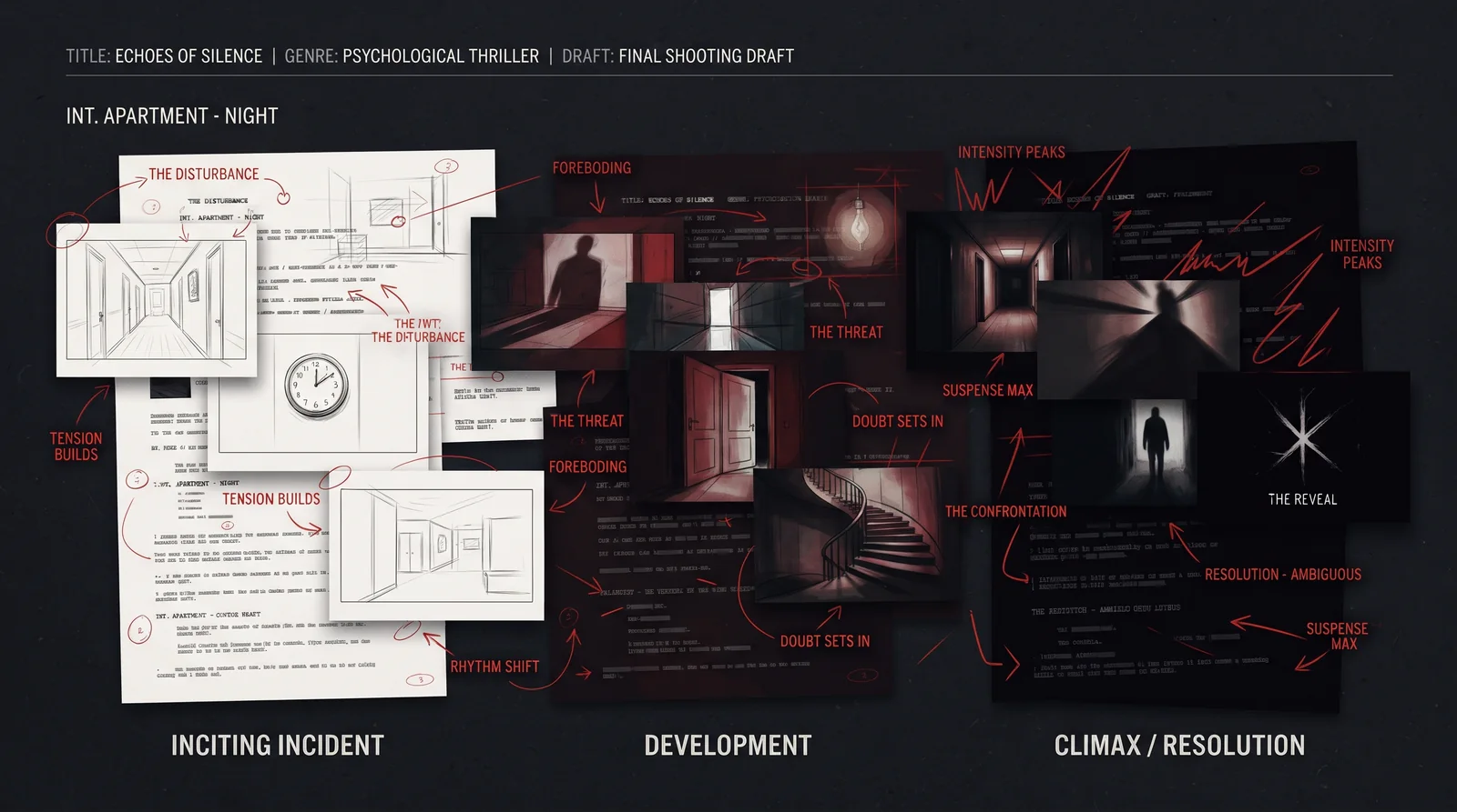 A storyboard and script layout for the psychological thriller 'Echoes of Silence,' marking beats for tension, doubt, and the story's climax.