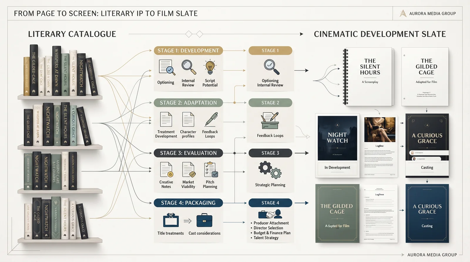 An infographic titled 'From Page to Screen: Literary IP to Film Slate' showing books moving through development, adaptation, evaluation, and packaging stages.