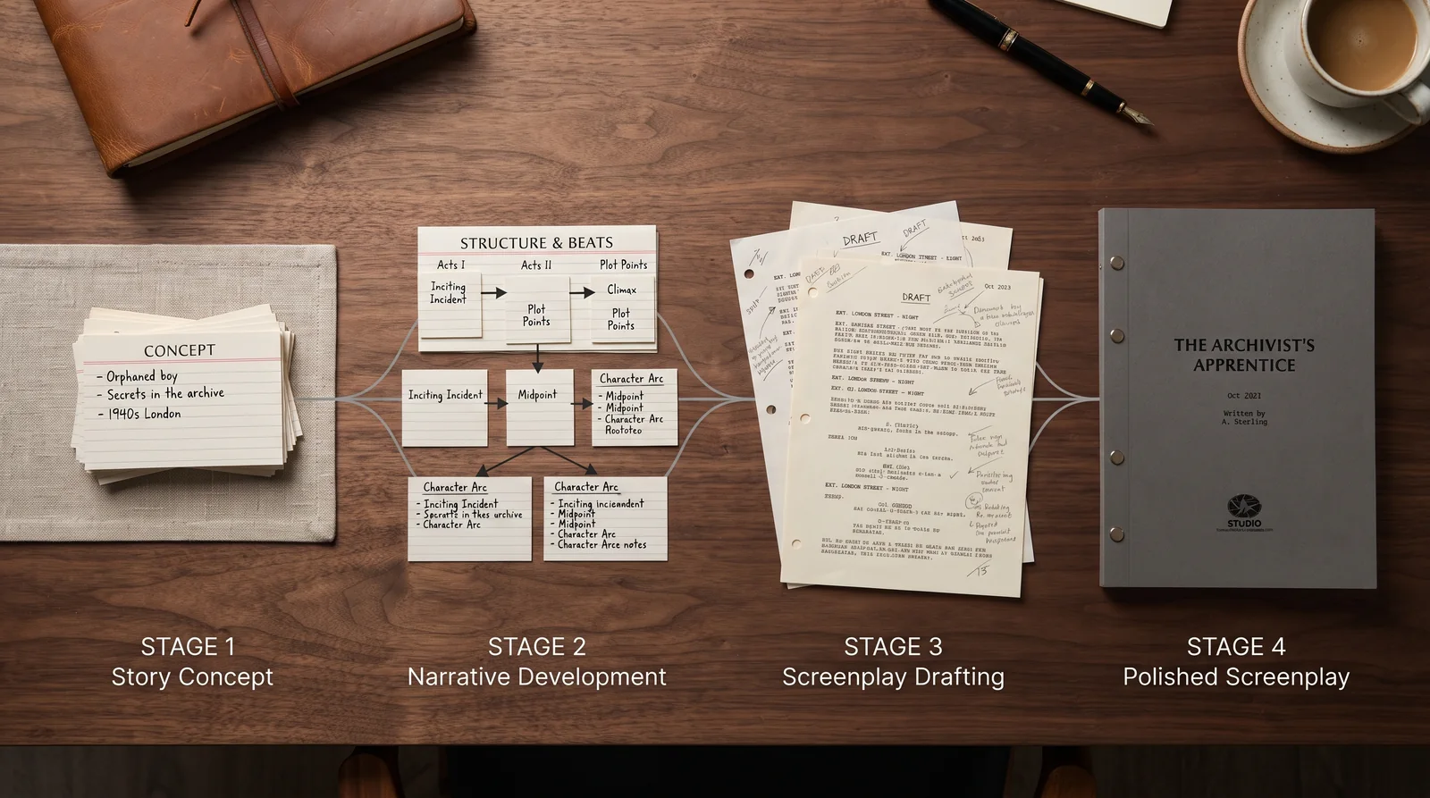 Four stages of screenplay development shown across a desk: concept index cards, a structure-and-beats board, a marked-up draft, and a bound final screenplay.