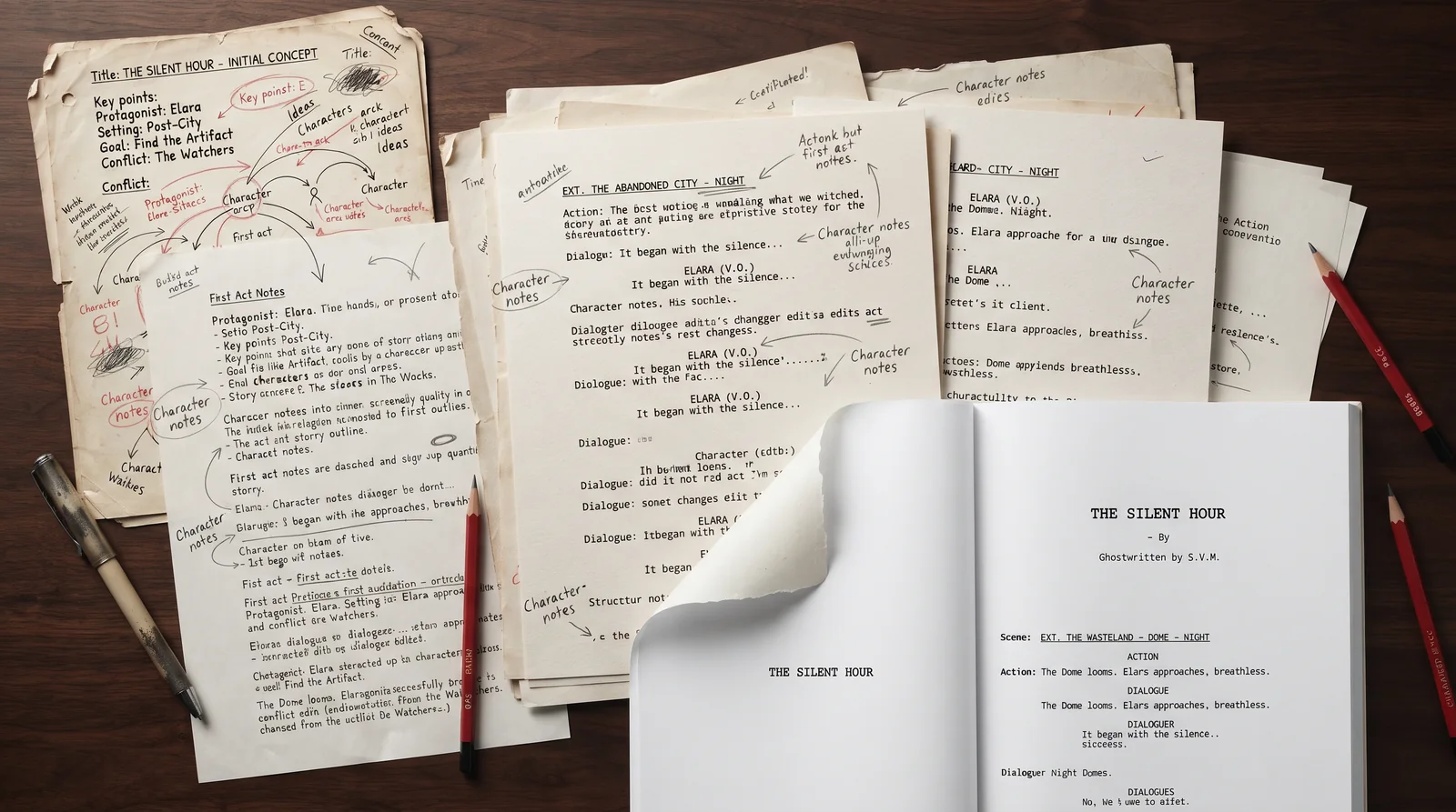 Handwritten screenplay development notes and a bound title page for 'The Silent Hour,' credited as ghostwritten.