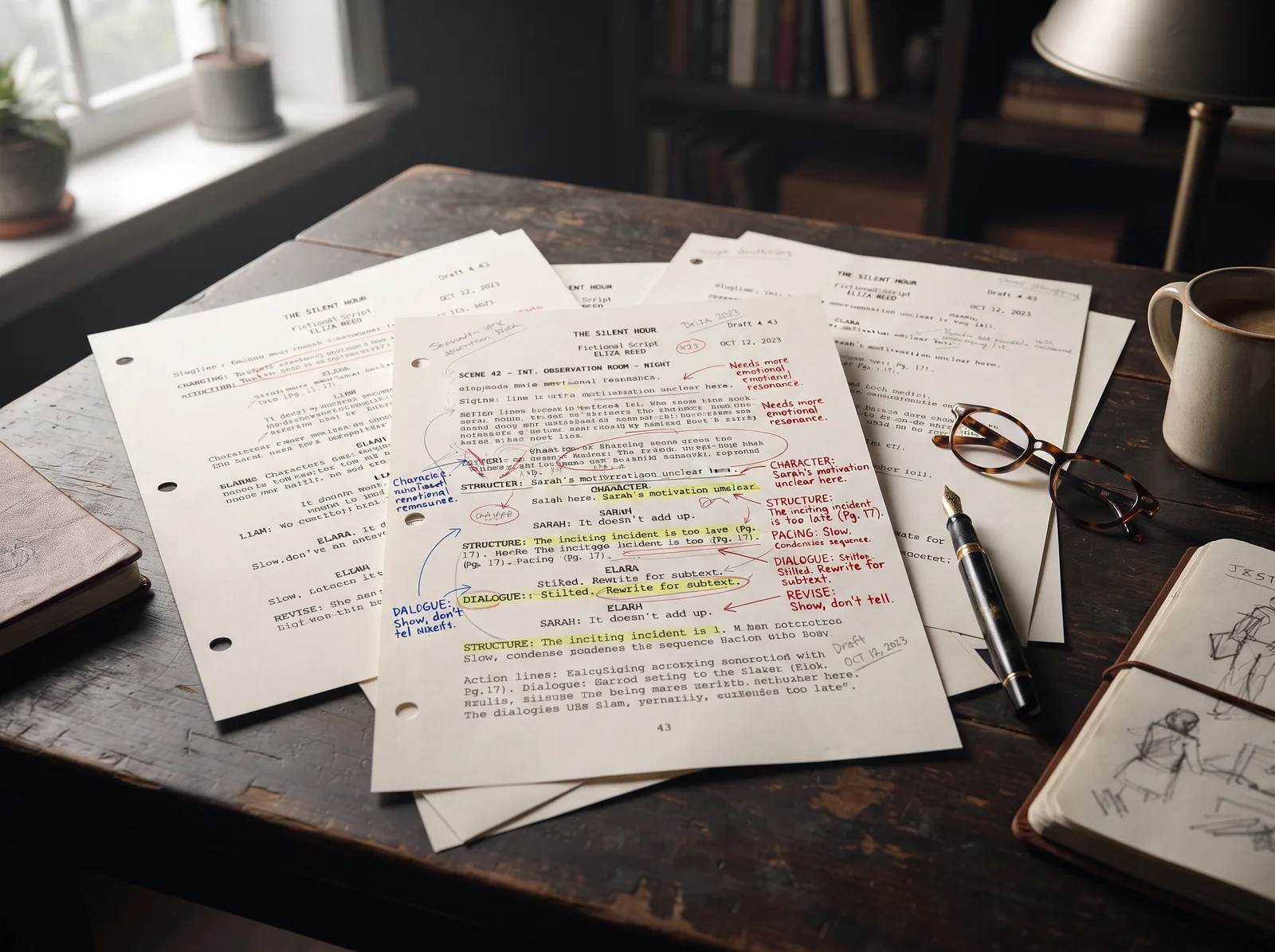 A script page with handwritten editor notes flagging structure, pacing, character motivation, dialogue, and stakes problems.