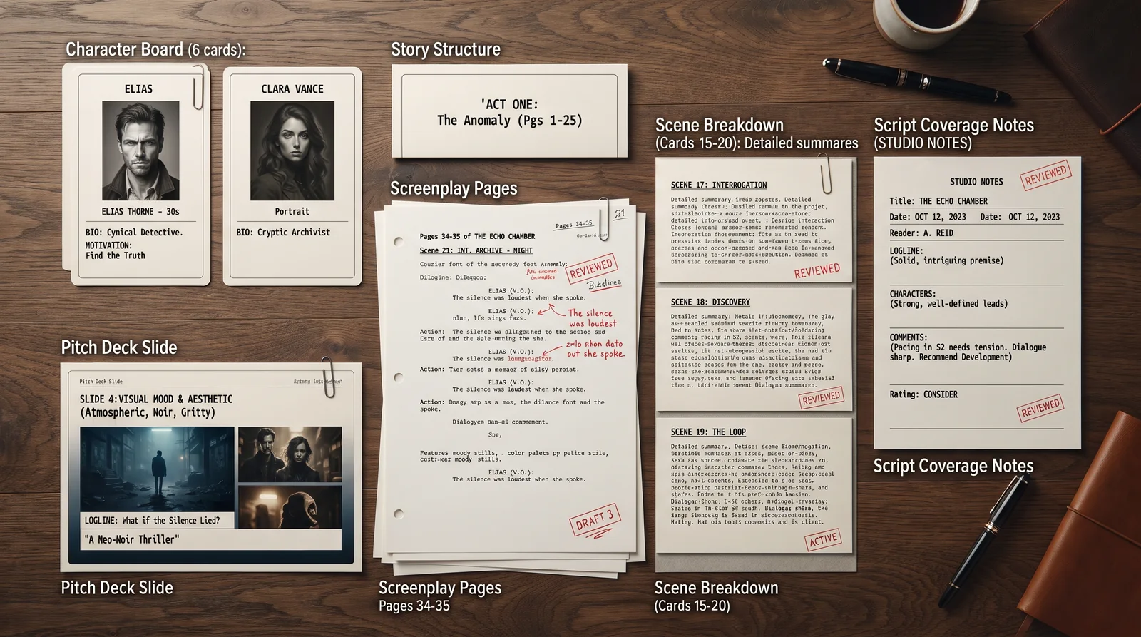 Character reference cards, a story-structure chart, screenplay pages with editor markup, and studio coverage notes rated 'Consider' laid out on a desk.